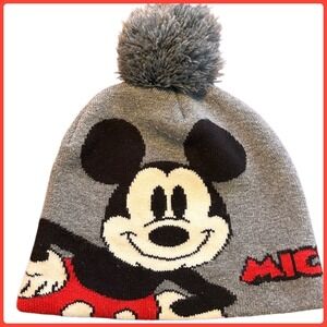 Disney‎ H&M Mickey Mouse Hat Gray Pom Pom Kids Child Size 4-8Y Knit Beanie